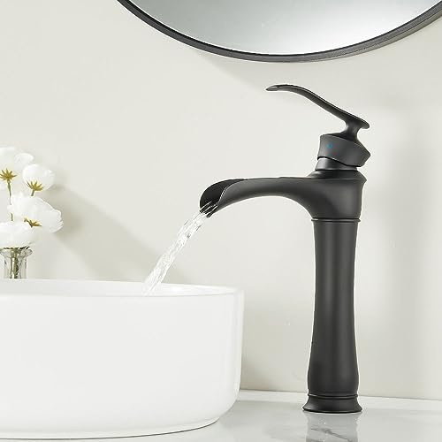 Maynosi Vattenfall tvättställsarmatur hög, kran badrum med pip höjd 200 mm, blandare badrumskran retro med flexibla slangar, handfat beslag badrum av mässing (mattsvart)