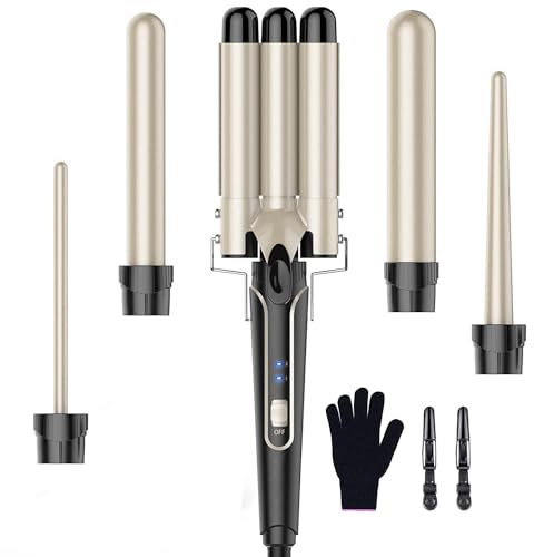 BESTOPE PRO MD-J18 Ensemble de bigoudis en fer ondulé 5 en 1 - bigoudis 3 barils pour grandes boucles sans boucles en céramique avec différents accessoires Réglage de la température, Doré