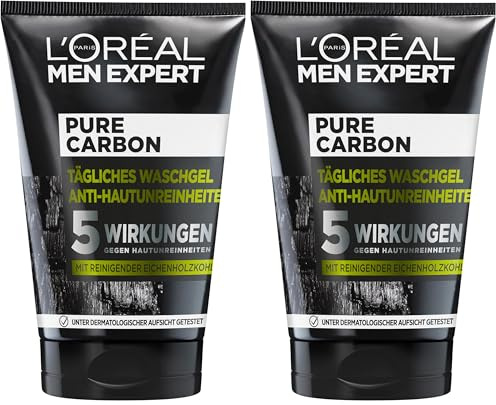L'Oréal Paris Men Expert Waschgel für das Gesicht, Unreine Haut, Gesichtsreinigung für Männer, Pure Carbon Waschgel Anti-Hautunreinheiten, 1 x 100 ml (Packung mit 2)