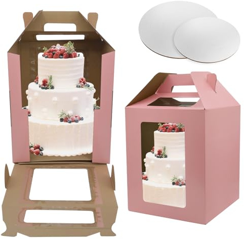 LEKAOTSH 2 Pack Tall Cake Boxes with Window,Large Tiered 10x10x12 and 12x12x14 Inch with 2 Cake Boards,Disposable Cake Containers Carrier for Wedding Birthday