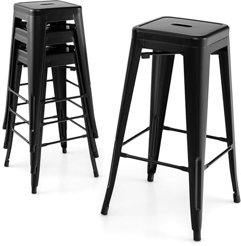 RELAX4LIFE 4er Set Barhocker, Barstühle Metall, Thekenhocker Stapelbar, Küchenstühle mit Fußstütze&Rutschfesten Füßen, bis 150 kg belastbar, Hocker für Thekenhöhe 104-112cm (Schwarz, Sitzhöhe 76cm)