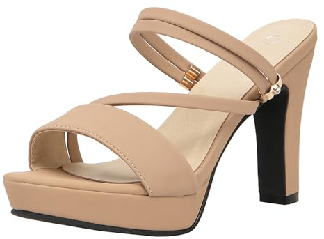 getmorebeauty Women's Chunky High Heels Slingback Sandals Open Toe Ankle Strap Slip On Platform Dress Shoes (Beige US6)