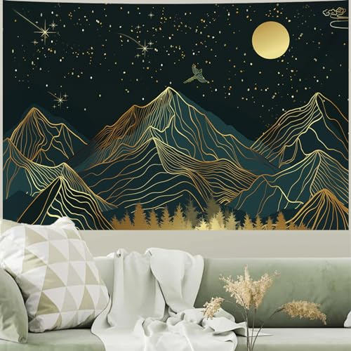 Atrippy Wandteppich für Schlafzimmer und Wohnzimmer - Grüner Wald, Mond, Bäume, Sternennacht, Goldene Natursterne, Landschaft - Ästhetisches Poster für Raumdekoration, Wohnheim
