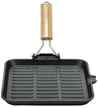 PraTiKo Life Bistecchiera in Ghisa Manico in Legno Pieghevole, Antiaderente, Induzione, Gas e Elettrico, Cottura tipo Brace (24x24 cm Manico Pieghevole)
