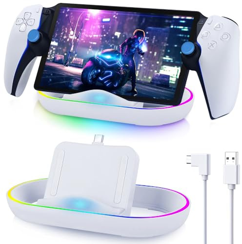 Station de charge pour portail Playstation, support de charge portable pour accessoires de portail PS avec 14 lumières RVB, câble de type C et poignées pour le pouce, chargeur portail PS5 pour lecteur
