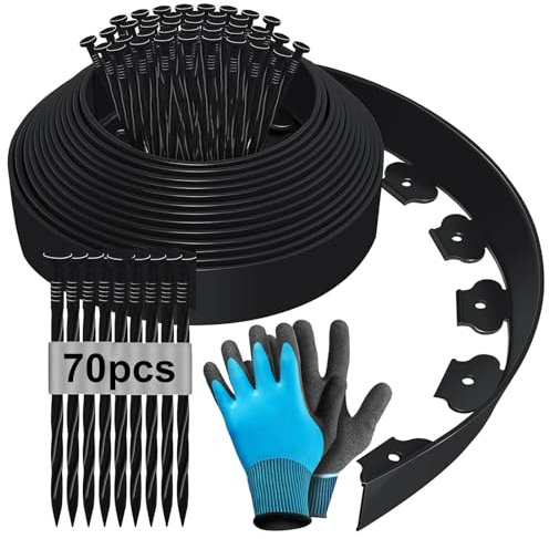 Bordura per Aiuola, Bordura per Giardino 15m x5cm, Bordature da Giardino, Bordure per Aiuole, Bordo per Aiuole, Bordatura Aiuole Giardino, Bordo Giardino Flessibile con Guanti e 70 Unghie - Nero