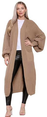 Hamishkane® Womens Chunky Knitted Cardigan, Open Front Balloon Sleeve Long Cardigans for Women UK, Winter Maxi Coatigan with Pockets, Warm Oversized Fall Sweater Mocha