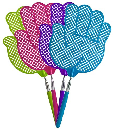 Juego de 4 matamoscas telescópicos jumbo en forma de mano, se extiende de 14 a 30 pulgadas con cabeza de tamaño jumbo de 6.25 x 7.5 pulgadas (mano)