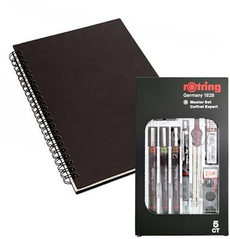 rOtring Isograph Technical Pen Master Set S0699420-3 Fineliner (0,10 mm, 0,30 mm, 0,50 mm), Druckbleistift (0,5 mm), Zirkel und Zubehör, 10-teiliges Set in Etui, mit Notizbuch