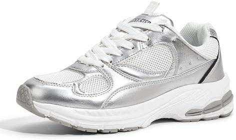 LUCKY STEP Chaussures de Running Femme – Baskets Chunky avec Semelle Épaisse, Respirantes, Légères et Confortables pour Marche, Mode Casual et Sport (Argent, 9US-39EU-6UK)