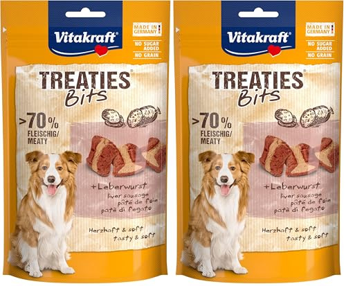 Vitakraft Treaties Bits, Hundeleckerli getreidefrei, mit Leberwurst, mit hohem Fleischanteil, ideal als Belohnung und Training, ohne Zusatz von Zucker (1x 120g) (Packung mit 2)