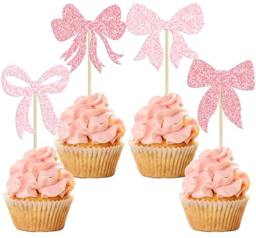 Gyufise 36Pcs Bow Cupcake Toppers Glitter Bowknot Cupcake Picks Bow Tie Birthday Decorations Princess Bow Cupcake Decorations for Bowknot Theme Baby Shower Birthday Party Supplies Multi Pink
