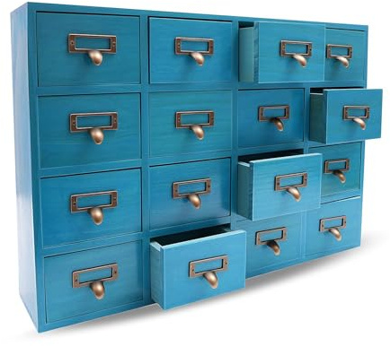 TkkMivcOC Apothekerschrank Holz, Vintage Medizinschrank Medikamentenschrank mit 16 Schubladen, Tischplatte Schubladenschrank Schubladenbox für Haushalte Büros Werkstätten, 50.5x9.5x35cm, Blau