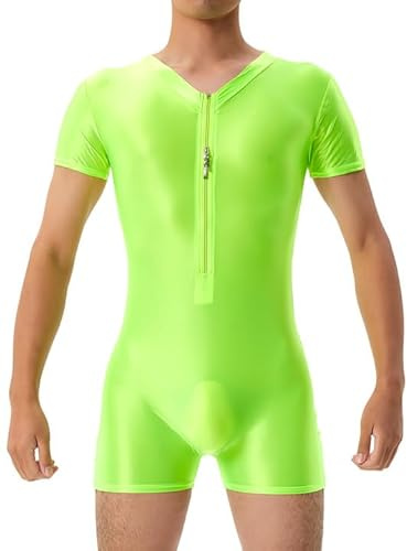 Ausing Bodysuit för män, sportbodysuit bodysuit herrbodysuit shapewear, jumpsuit, herr, glänsande overall, herr, dans-trikå, kortärmad, bodysuit, Fluo grön, M