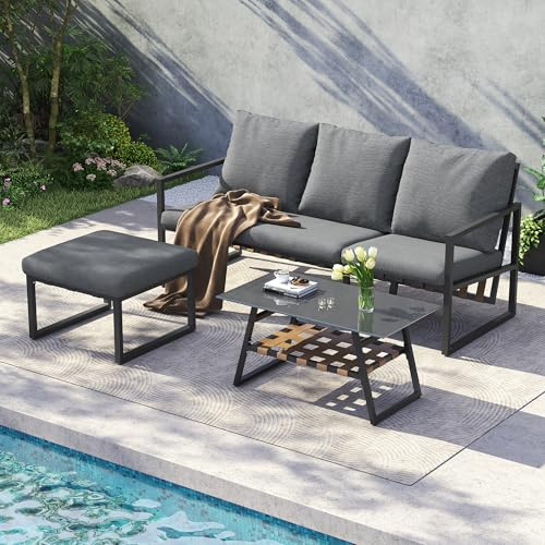 Kehun Gartenmöbel Set, Poly Rattan Leisure Sofa Outdoor Set, Ecksofa + Couchtisch + Fußhocker, Loungemöbel mit Rücken und Sitzkissen, Outdoor Lounge Tisch und Stuhl Set für 3-4 Personen, Grau
