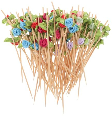 LIGIGWASH 100 Palillos de Cóctel Diseño Floral Únicos, Hechos de Madera y Tela, Ideales para Restaurantes y Reuniones Familiares, Brochetas Decorativas para Aperitivos