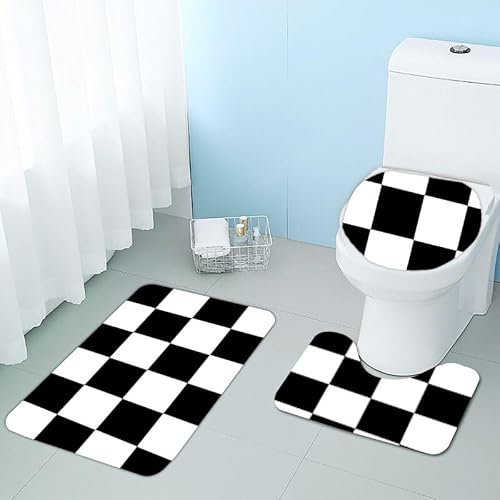 Bad Teppiche Set Schwarz Weiß Mosaik Badezimmerteppich Waschbar WC Vorleger mit Ausschnitt und WC Deckelbezug 3 Teilig Badematte rutschfest Toilettensitzbezug Badgarnitur 50x80 cm