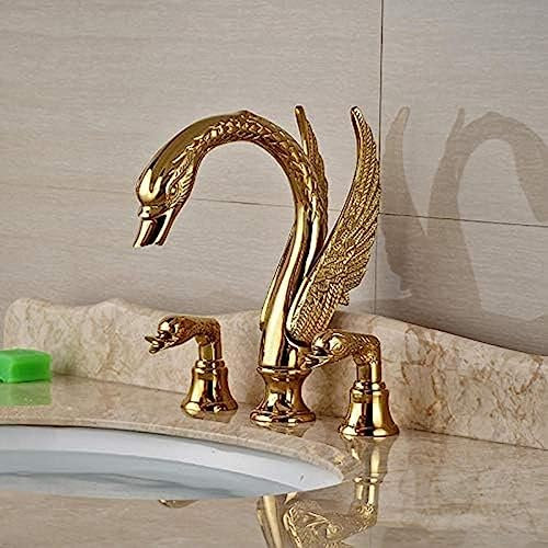 Rubinetto per lavabo a Forma di Cigno, Finitura in Rame Massiccio, per Bagno, di Lusso, con Doppia Maniglia, Montaggio su Piano, lavabo da appoggio