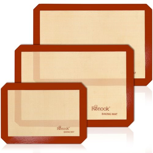 RENOOK Silicone Baking Mats, 3PACK Reusable Non-stick Baking Mats for Cookies, Easy Clean & Non-Slip Food Grade, 16.5’’ x 11.6’’ Baking Sheets for Cookies, Bread and Pastry, Baking Supplies for Oven