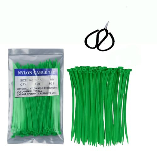 JuYxrjyou 100 Pack Green Cable Ties 3.6mm x 100mm with Scissors – Strong Zip Ties, Nylon Tie Wraps for Home, Office, Garden, Garage, Cable Management, Multi-Purpose Wire Organizer Set