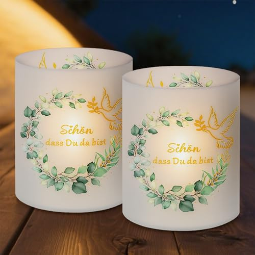 Lot de 12 photophores décoratifs de table - « Schön dass Du da bist » - Pour baptême, baptême, eucalyptus - Décoration de table - Vert - Pour anniversaire, confirmation, fête - Pour bougies