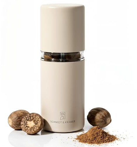 SCHMIDT & KRAMER Muskatnuss Mühle I hochwertige Muskatmühle aus Edelstahl mit Vorratsbehälter, scharfes Stahlmahlwerk, um frische Muskat-Aromen mühelos zu genießen (Sand)