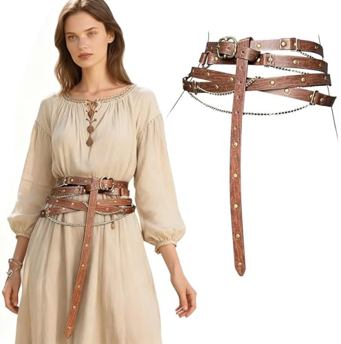 LIUYIDM Mittelalterlicher DIY-Kunstleder-Metall Kettengürtel Retro TaillengüRtel Damen Verstellbar Skinny Belts For Women Dress, Geeignet für Den TäGlichen Gebrauch, Rollenspiel-DamengüRtel