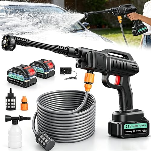 Nettoyeur Haute Pression Buse, 80Bar 21V Nettoyeur Haute Pression sans Fil avec 2 Batteries et buse réglable 6 en 1 et tuyau de 5 m/16,8 pi de long pour voitures, fenêtres, pelouses, jardins, piscines