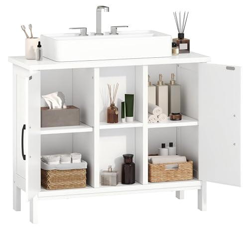 YITAHOME waschbeckenunterschrank mit Zwei geschlossene Schrankelemente, Bad unterschrank 70 cm breit, badezimmerschrank mit offenen Regalen, unterschrank waschbecken, Weiss