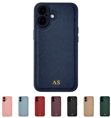 Tirita Personalisierte Handyhülle für iPhone 17 Hülle - Handyhülle Selbst Gestalten aus Veganem Leder & Initialen Personalisieren - Geschecke für Frauen & Männer - Marineblau, Gold