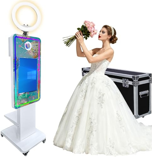 Magic Mirror Photo Booth 114,3 cm mit 54,6 cm Touchscreen, Selfie-Spiegel-Photobooth-Maschine mit RGB-Ringlicht und Flugtasche, tragbare DSLR-Fotokabine für Hochzeitsfeiern, Veranstaltungen (weiß
