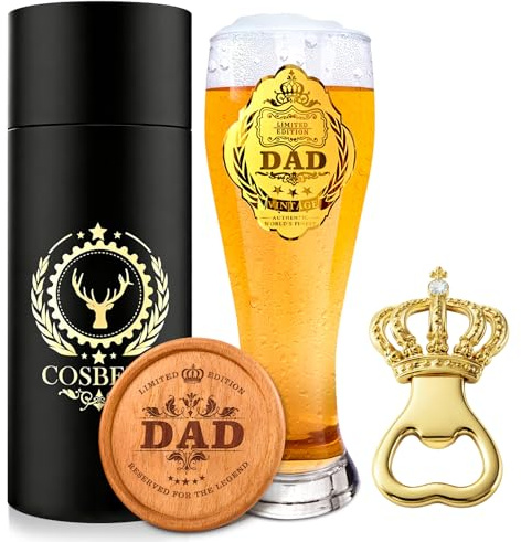COSBERY Dad Birthday Gifts from Daughter Son, Father's Gift Personalised Beer Gifts for Men, Dad Beer Glass 550ml, Beer Bottle Opener, Wooden Coaster, Mens Birthday Present Ideas
