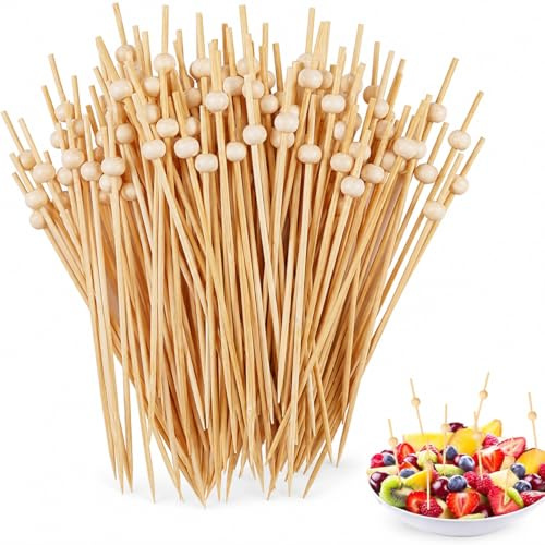 Pack de 200 Palillos de cóctel de bambú Natural de 12 cm, Pinchos Desechables con Bola Decorativa para Frutas, Aperitivos, postres, Bebidas y Fiestas