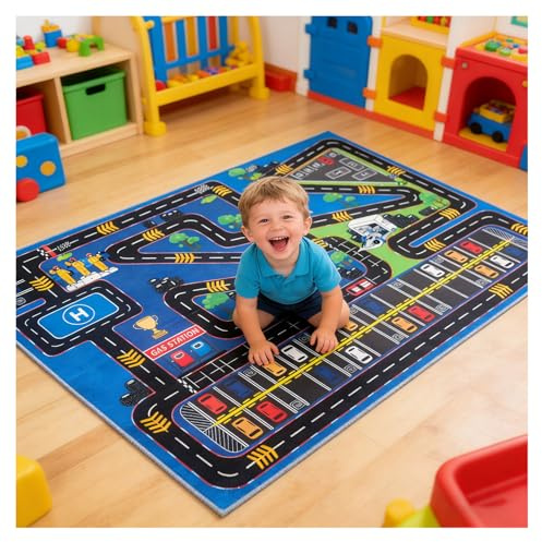 CLAILEIRS Spielteppich Kinderzimmer-Teppich mit Straßen- für Jungen und Mädchen, die gerne mit Autos Spielen und Rollenspiele | waschbarer rutschfesterSpielteppich Straße