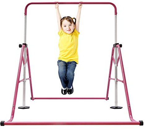 Barra de gimnasia para niños – Barra extensible regulable en altura 115 – 155 cm (5 niveles) – Barra fija plegable con marco de acero resistente – para interior y exterior, entrenamiento de gimnasia