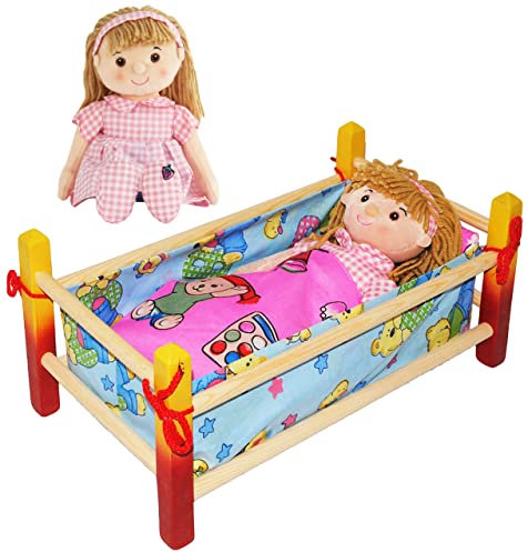 alles-meine.de GmbH Puppenbett aus Holz & Schmusepuppe - Mädchen mit rosa Kleid - Bett - 40 cm lang - aus Naturholz - für Puppen - incl. Bettzeug - Decke & Kopfkissen - Holz ..
