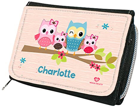 wolga-kreativ Personalisiertes Geldbeutel Kinder mit Namen - Portemonnaie für Mädchen oder Junge mit Eulenfamilie Motiv - Geldbeutel Mädchen Junge Kinder Geschenk mit Namen