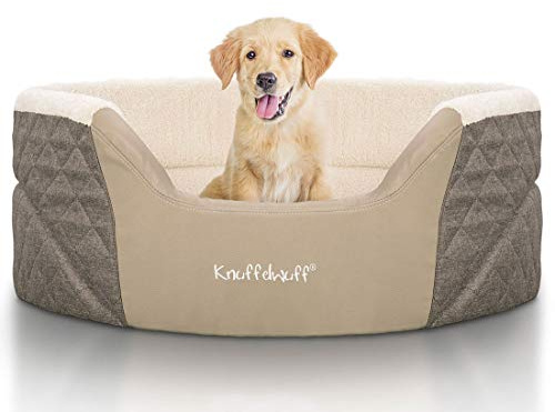 Knuffelwuff Orthopädisches Hundebett Lena aus Velours und Kunstleder mit hohem Schaumstoffrand XL 90 x 66cm Braun/Beige - Rutschfester Unterboden - Leicht zu Reinigen EU
