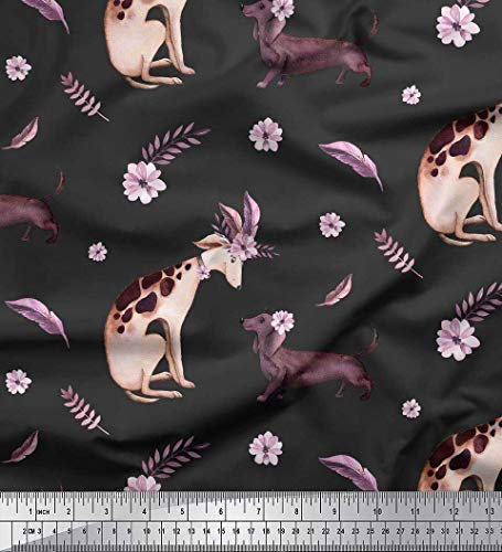 Soimoi Grauer Baumwoll Voile Stoff Blumen, Dalmatiner & Dackel Miniatur Hund Print Stoff Von Der Werft 42 Zoll Breit