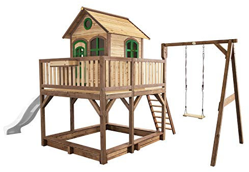 AXI Spielhaus Liam mit Sandkasten, Schaukel & weißer Rutsche | Stelzenhaus XXL in Braun & Grün aus FSC Holz für Kinder | Spielturm mit Wellenrutsche für den Garten