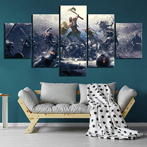 Leinwanddrucke 5 Stück Kunstdruck Wandbild 150×80Cm Kratos God of War Spiel Mehrteilig Aufhängen Bilder Für Wohnzimmer Wohnkultur,Hd Gedruckt Rahmen Segeltuch Malerei