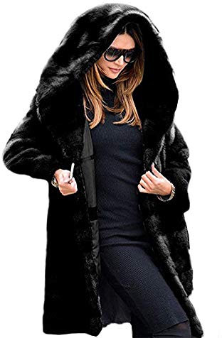 Damen Lange Kunstpelz Jacke Verdicken Winterjacke mit Pelz Kapuze Parka Mantel Faux Fur Pelzmantel Flauschiges Pelz Jacke Felljacke Warme Plüschmantel Dicke Kunstfell Coat Wintermantel Schwarz 3XL