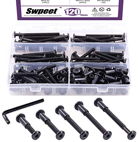 Swpeet Innensechskantschrauben, M6 x 35 mm 45 55 65 75 mm, Karbonstahl, schwarz, Zylindermuttern, Set mit 1 Inbusschlüssel, Schraubenpfosten für Möbel, Senkkopf-Gürtelschnalle, Leder-Bindungsschrauben
