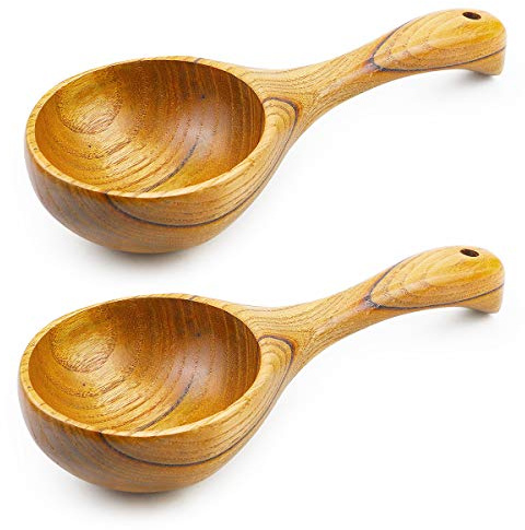 BILLIOTEAM Lot de 2 louches de cuisine en bois massif, multi-usages, grande cuillère à eau, cuillère à soupe pour la cuisine, le sel de bain, les boîtes de farine
