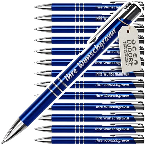 #teamludorf 25x Metall-Kugelschreiber mit Wunsch-Gravur - Personalisierte Kulis - Stift mit Namen - 14 Farben & 20 Schriftarten - 25 Stück - Blau