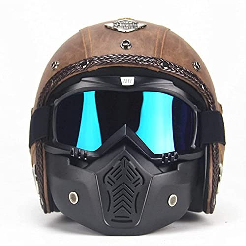 YLFC Männer Jethelme ECE-Zertifizierung Vintage Motorrad Roller-Helm Retro Handgemachtes Braun PU-Leder Mofa-Helm Chopper Sturz-Helm Mit Visier Brille Maske (Color : A, Size : M)