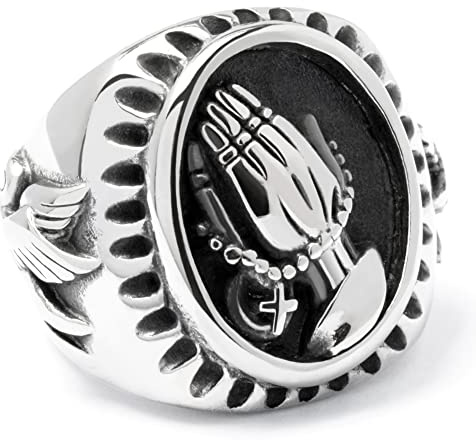 Schmuck-Checker Betende Hände mit Rosenkranz & Friedenstauben auf Christlichem Ring Edelstahl Biker-Schmuck Herren Geschenk