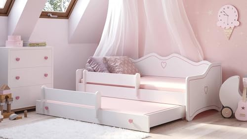 Dmora - Einzelbett Elblag, Struktur des Lagerbetts, Sommier mit Abdeckung, Bettrahmen aus Stoff, 164x88 h70 cm, Weiß und Rosa