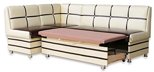 Rodnik Eckbank Korsika Maxi mit SCHLAFFUNKTION 213x142 cm, Polsterbank ausziehbar, Stauraum, Kunstleder Braun Beige, Küchenbank, Esszimmerbank