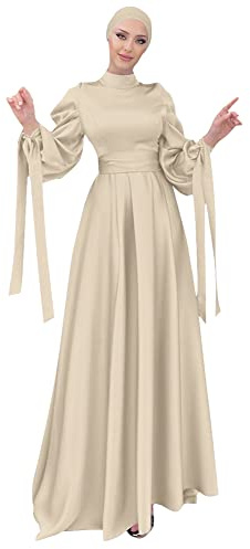 Damen Muslim Roben Einfarbig Muslimisches Kleid Mit Kapuze Islamische Gebetskleidung Langarmü Trkische Robe Mit Turban mit Hijab für Ethnische, Braut, Abend, Party, Hochzeitskleid Beige M